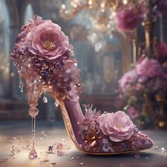 AI art  of a beautiful high heel created by me. A lavishly decorated high-heeled shoe is adorned with large pink flowers, beads, and dripping crystals, evoking a sense of luxury and fantasy.  It is set against a blurred background of a grand, opulent room with chandeliers and floral arrangements, enhancing the shoe's magical and dreamlike quality. Beautiful stiletto high heel art print by Glenda Stevens.    Our art prints are produced on acid-free papers using archival inks to guarantee that they last a lifetime without fading or loss of color.  All art prints include a 1" white border around the image to allow for future framing and matting, if desired. Ships within 3-5 business days. Whimsical Shoes, Floral High Heels, Fantasy High, Flowers Beads, Fairy Shoes, Easy Room Decor, Fairytale Fashion, Fantastic Shoes, Beautiful High Heels