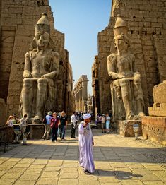 a man standing in front of some statues at the egyptian museum, with people looking on