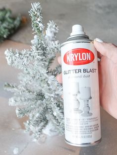 a person holding a spray paint can next to a small white tree with snow on it