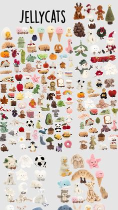 a poster with many different types of stuffed animals on it's sides and the words jellycats above them