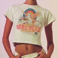 Retro Print Hercules Tee. Crop Top. Quality Cotton. Fitted Graphic Tee With Print, Fitted Printed Graphic Tee Shirt, Fitted Vintage Tops With Graphic Print, Fitted Printed Graphic Tee, Fitted Graphic Tee Shirt, Retro Fitted Shirt With Letter Print, Cropped Outfits, Retro Print, Retro Prints