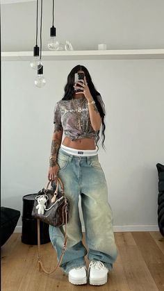 Rappers Outfits Female, Lil Yachty Concert Outfit, Women Hip Hop Outfits, Street Wear Concert Outfit, Long Sleeve Collared Shirt Outfit, Baggy Women Outfits, Women’s Streetwear, Thirst Trap Outfits, Summer Streetwear Fashion Women