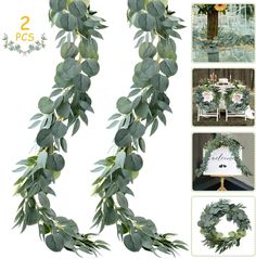 the number two is decorated with greenery and flowers, along with pictures of wedding decorations