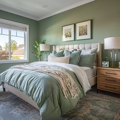 a large bed sitting in a bedroom next to two lamps on either side of a window