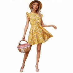 Pattern: flowerApplicable age: 18-24 years oldLength: MiddleCollar type: Round neckSleeve length: Short sleeveColor: yellow Ruffle Flower, Short Sleeved Dress, Floral Print Dress Long, Flower Shorts, Floral Dresses Long, Bohemian Clothes, Loose Dress, Winter Dresses, Spring Dresses