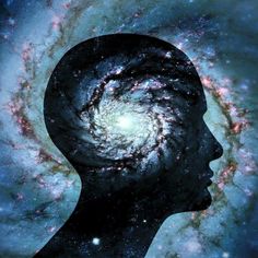 a person's head in the shape of a spiral galaxy