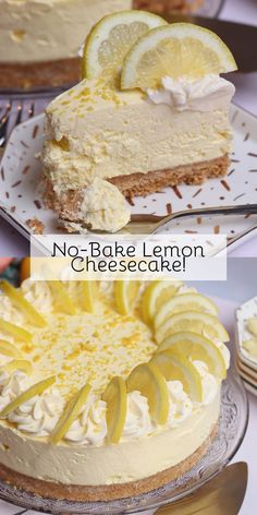 no - bake lemon cheesecake on a plate with two slices cut out and ready to be eaten