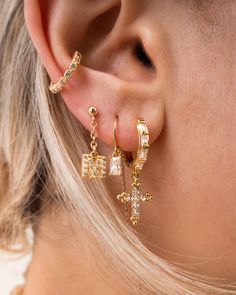 dainty threader earring, cz threader, dainty earring, gold filled earring, gold threader earring, stacking earring, ear stack Blue Earring Stack, Pretty Stacks, Preppy Earrings, Multiple Piercings Earrings, Earring Stacks, Ear Stacks, Soft Jewelry, Piercing Inspo, Pretty Ear Piercings