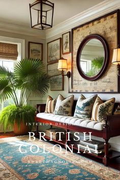 a living room filled with lots of furniture next to a mirror and potted plant