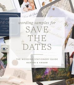 wedding samples for save the dates on top of a pile of cards and other items