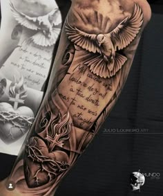 a tattoo with an owl on the arm and some words written in black ink above it