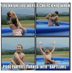 a collage of pictures with some kids in the water and one kid on an inflatable pool