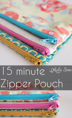 three zipper pouches with the words 15 minute zipper pouch written on one side