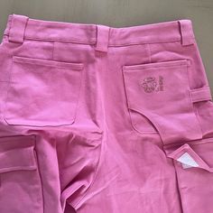 Danielle Guizio Pink Cargo Pant Size Medium Never Worn Pink Cotton Bottoms With Patch Pockets, Pink Cotton Bottoms With Belt Loops, Pink Bottoms With Side Pockets For Work, Pink Workwear Bottoms With Side Pockets, Pink Straight Leg Pants With Hip Pockets, Pink Fitted Cargo Pants, Pink Tapered Leg Bottoms With Pockets, Pink Cotton Bottoms With Hip Pockets, Fitted Pink Cargo Bottoms