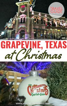 a christmas ornament with the words grapevine texas at christmas in front of a building