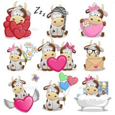 cartoon cow with different poses and expressions for valentine's day or other special occasion