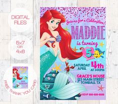 the little mermaid birthday party poster is displayed on a wooden table with other items and decorations