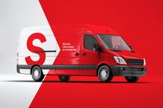 a red and white delivery truck with the letter s on it's side against a red background