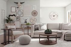 a living room filled with lots of furniture next to a clock on the wall above a coffee table