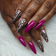 Afrocentric Nail Art, Ghana Nail Designs, Stilleto Fall Nail Designs, Afrocentric Nails, Almond Stiletto Nails Design, Egypt Nails Design, Funky Pink Nails, Pretty Stiletto Nails, Dip Nail Design