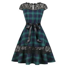 Round Collar Cap Sleeve Spliced Lace Plaid Belted A-line Women Dress - Deep Green - 4A69895917 - Women's Clothing, Dresses, Retro Dresses  #RetroDresses #Women's #Clothing # #Dresses # #Retro #Dresses Vintage Dresses Cheap, Robes Vintage, Pin Up Dresses, Lace Short, Midi Dress Party, Dark Forest Green, Lace Insert, Lace Panelled, Dark Forest