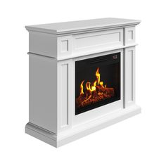 a white fireplace with the measurements for it's mantle and side panel, including an open flame