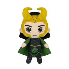 the avengers plush toy is wearing a green cape and black pants with horns on it's head