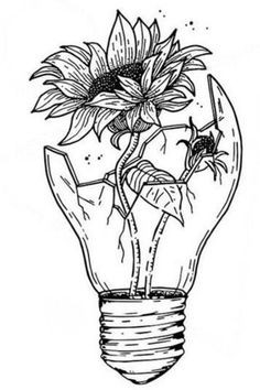 a drawing of a light bulb with sunflowers inside