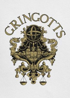 the logo for gringots is shown in black and gold on a white background