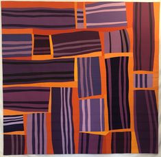 an orange, purple and black abstract painting with vertical stripes on it's surface