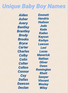 the unique baby boy names in blue on a white background with text below them that reads unique baby boy names