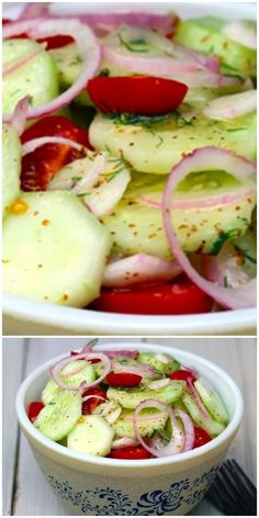 there are two pictures with different vegetables in them and the same one has onions, cucumbers, tomatoes, and lettuce