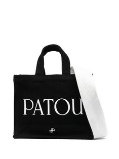 Black/white cotton small logo-print tote bag from Patou featuring logo print to the front, main compartment, flat top handles and detachable shoulder strap. Cotton Shopping Bags, White Crossbody Bag, Fabric Tote Bags, Small Tote Bag, Woman Bags Handbags, Black Tote, Small Tote, Print Tote, Black Tote Bag