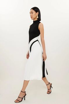 Fluid Tailored Color Block High Neck Pleated Midi Dress | Karen Millen Fit And Flare Midi Dress With Pleated Skirt, Chic Summer Dresses With Contrast Color, Fit And Flare Midi Dress With Pleated Hem, Chic Spring Dresses With Contrast Color, Elegant Spring Dress With Contrast Color, White Midi Pleated Dress For Work, White Midi Length Pleated Dress For Work, Color Block Midi Dress For Party, White Color Block Midi Dress