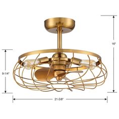 a gold ceiling light with two lights on each side and an open cage around it