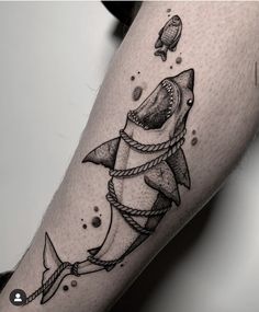 a black and white photo of a shark with rope around it's neck, on the leg