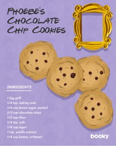 the recipe for chocolate chip cookies is shown in front of a purple background with an ornate frame