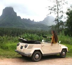 a woman is sitting in the back of a jeep with a monkey on it's roof