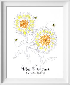 two yellow and white flowers with bees in the background on a white framed wall hanging