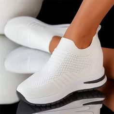 Women Breathable Mesh Fabric Height Increasing Slip On Sneakers 2024 - $31.99 Flyknit Shoes, Casual Tennis Shoes, Women's Slip Ons, Fabric Embellishment, White Shoes Sneakers, Style Sportif, Dad Shoes, Sporty Casual, Knit Sneakers