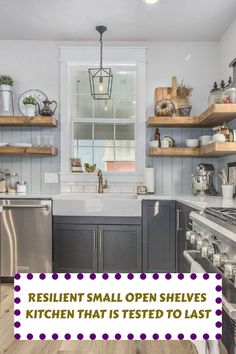 the kitchen is clean and ready to be used as an open shelving unit for storage