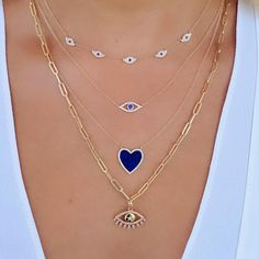 14K Gold Micro Pave Diamond Blue Evil Eyes Necklace Izakov Diamonds + Fine Jewelry Body Jewelry Men, Heart Necklace Diamond, Evil Eyes, Stylish Necklace, Gold Diamond Necklace, Heart Gemstone, Blue Evil Eye, Evil Eye Necklace, Evil Eye Jewelry