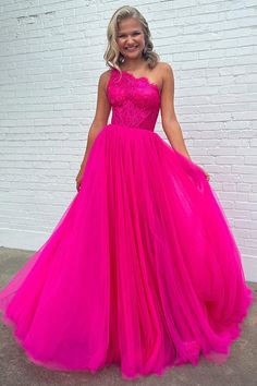 Pink One Shoulder Prom Dress, Tulle Neckline, One Shoulder Prom Dress, Detachable Sleeves, Tulle Sleeves, Corset Dress Prom, A Line Prom Dresses, Tulle Prom Dress, Prom Dresses Lace