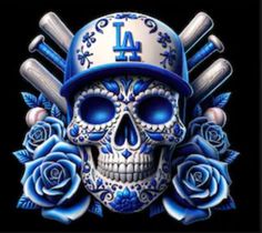 a skull with baseball bats and roses on it's head is wearing a los angeles dodgers hat