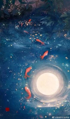 a group of goldfish swimming around a white light in the middle of some water