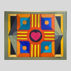 a painting with an abstract design and a heart in the center, on a gray background