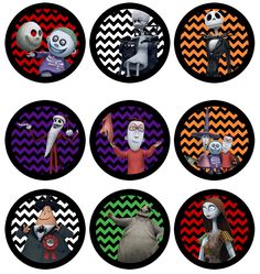 six halloween themed buttons with cartoon characters in the middle one is black and white, the other is orange and purple