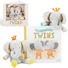 two stuffed animals are next to a card with twins on it and an elephant holding a heart