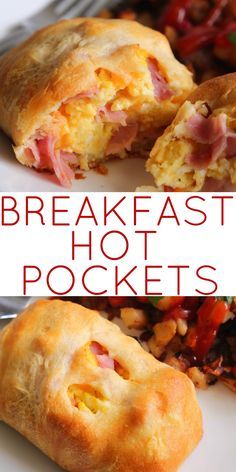 two pictures with the words breakfast hot pockets on them