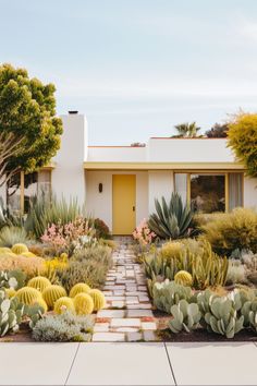 a house with cactus and succulents in front of it